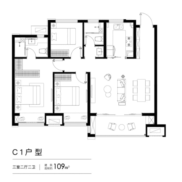 3室2厅2卫户型图