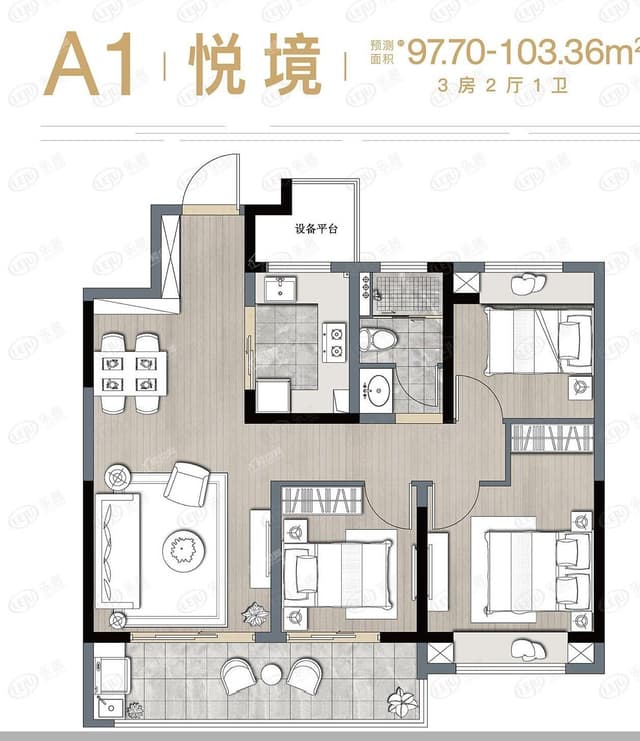 3室2厅1卫户型图